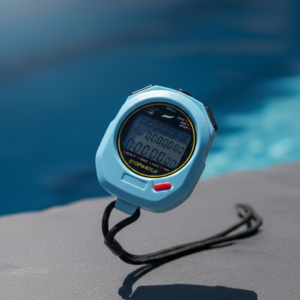 Professional blue digital stopwatch with triple display for swimming and track.